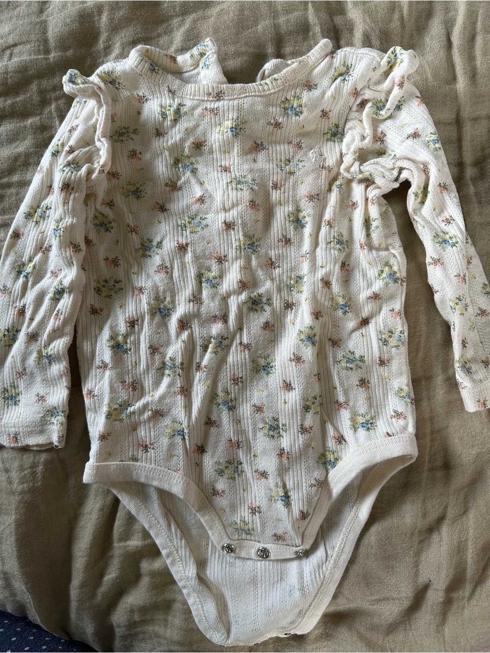 Ralph Lauren White Floral Ruffle Long-Sleeve Baby Bodysuit